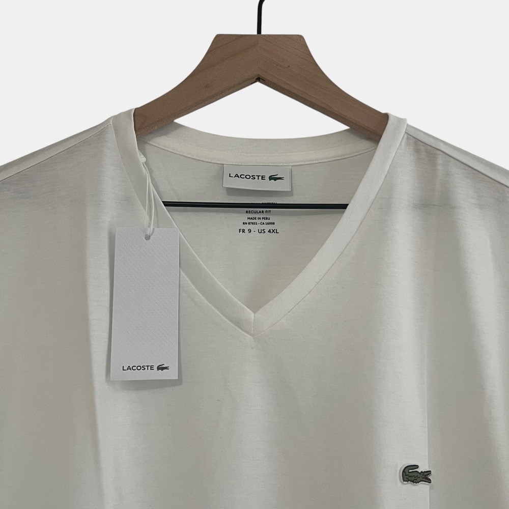 Lacoste Men's 4XL White V Neck T Shirt Pima Cotton Regular Fit NWT Logo Tee